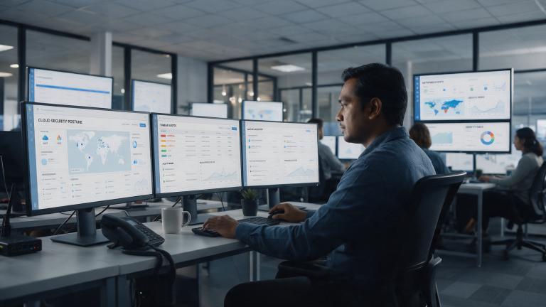 Security analyst monitoring enterprise cloud security dashboards in a Malaysian operations centre