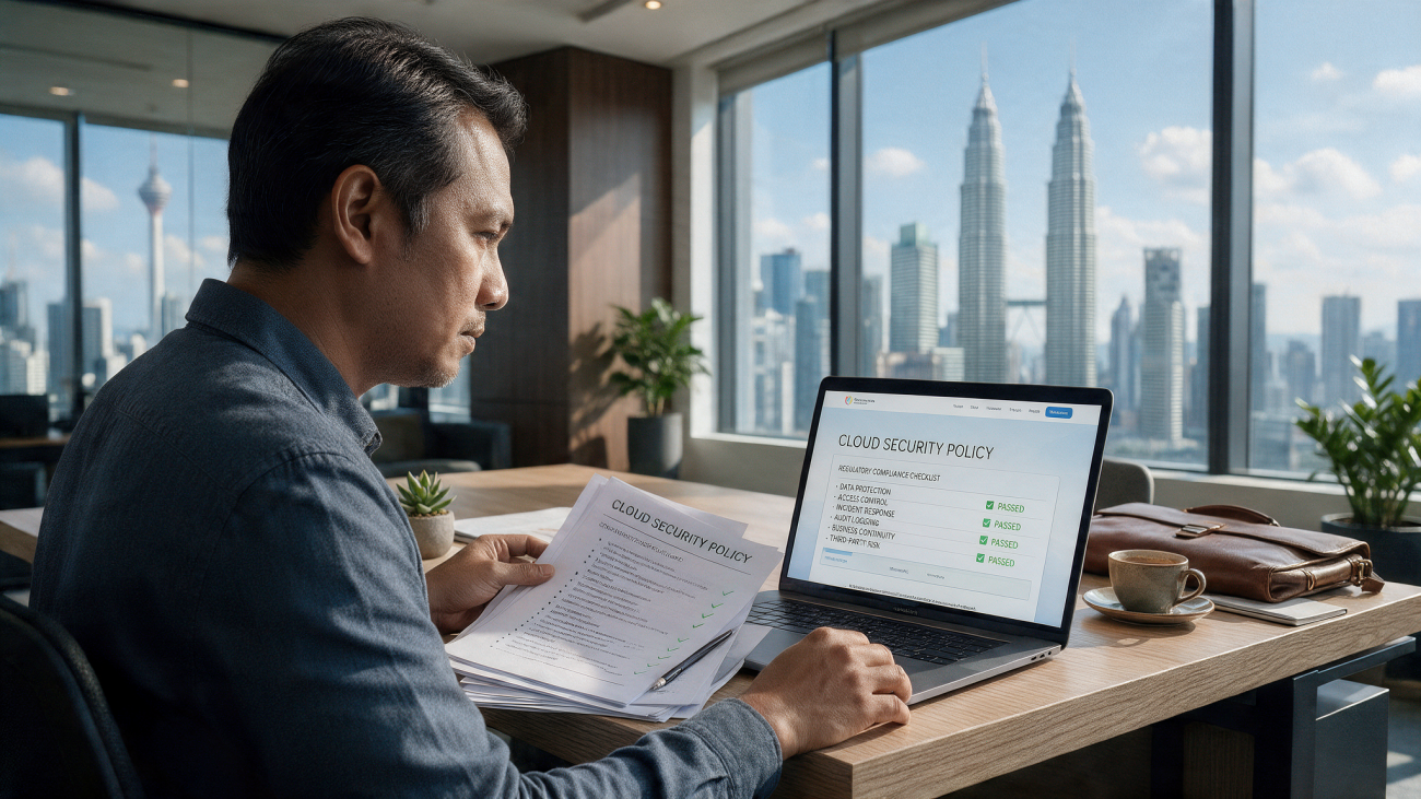 Compliance officer reviewing a cloud security policy document against a Malaysian regulatory checklist