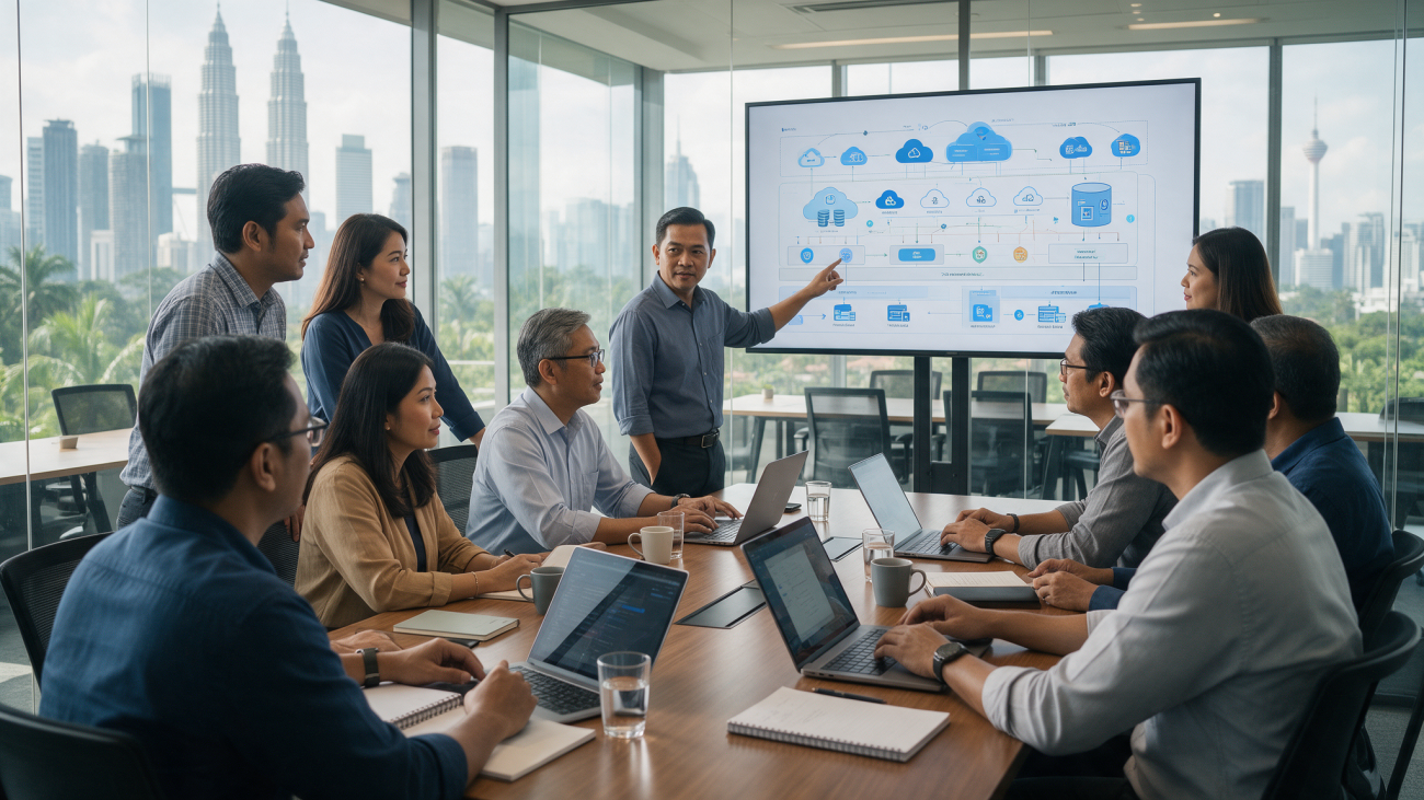 IT governance team reviewing a multi-cloud environment diagram on a shared screen in a Malaysian office