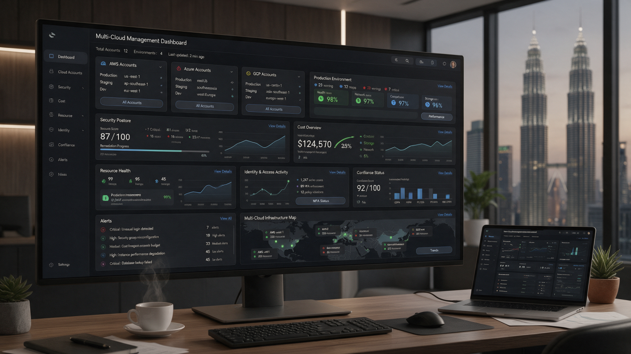 Dashboard showing centralised visibility across multiple cloud accounts and environments